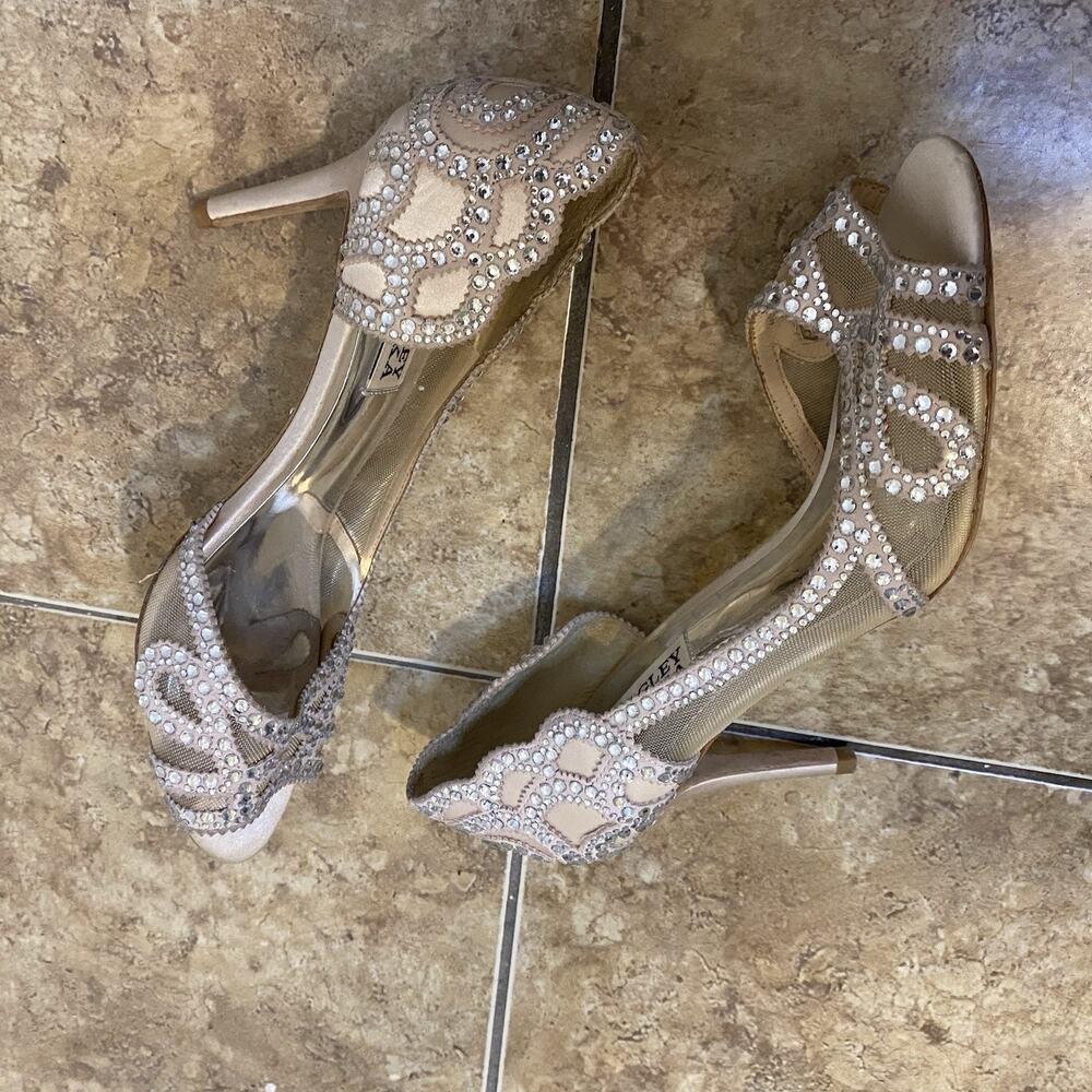 BHLDN Badgley Mischka Marla Peep Heels Embellished Nude Peep toe Pumps Size 6.5 - Picture 6 of 9